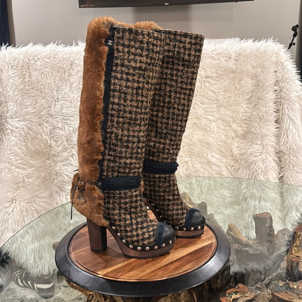 Chanel Runway Plaid Tweed Fantasy Fur Boots